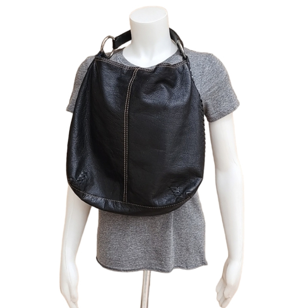 LUCKY BRAND Whipstitch Black Pebbled Leather Hobo Shoulder Bag Studs VINTAGE Y2K - Picture 9 of 16